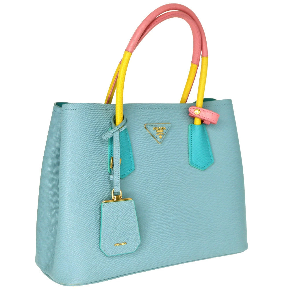 Prada Double Bag Shoulder Handbag Blue Pink Yellow Tones